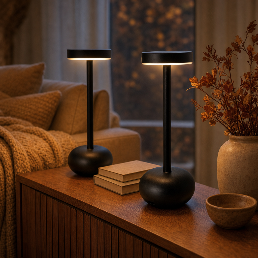 Zwei LumiBistro Akku Tischlampen auf dem Sideboard im Wohnzimmer