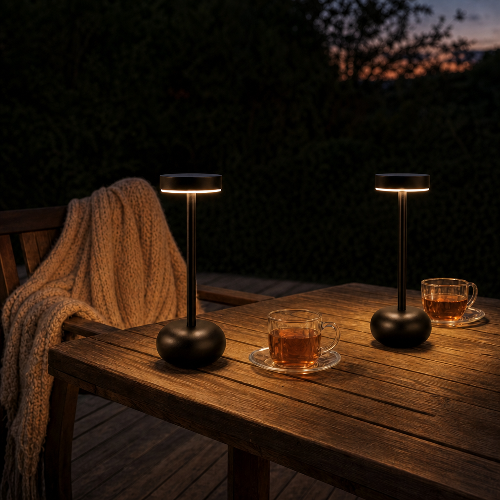 Zwei kabellose LumiBistro Akku Tischlampen auf der Terrasse in der Dämmerung